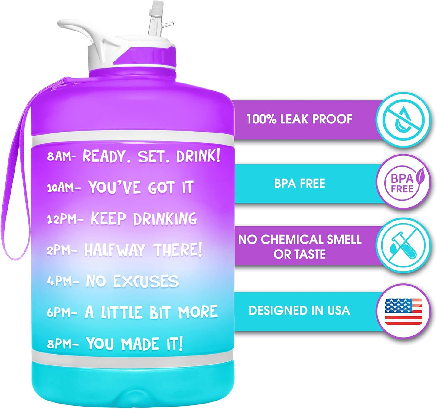 Gallon Water Bottle with Straw BPA FREE Leak Proof Reusable Water Bottle with Times to Drink Marked Hourly 128 Oz